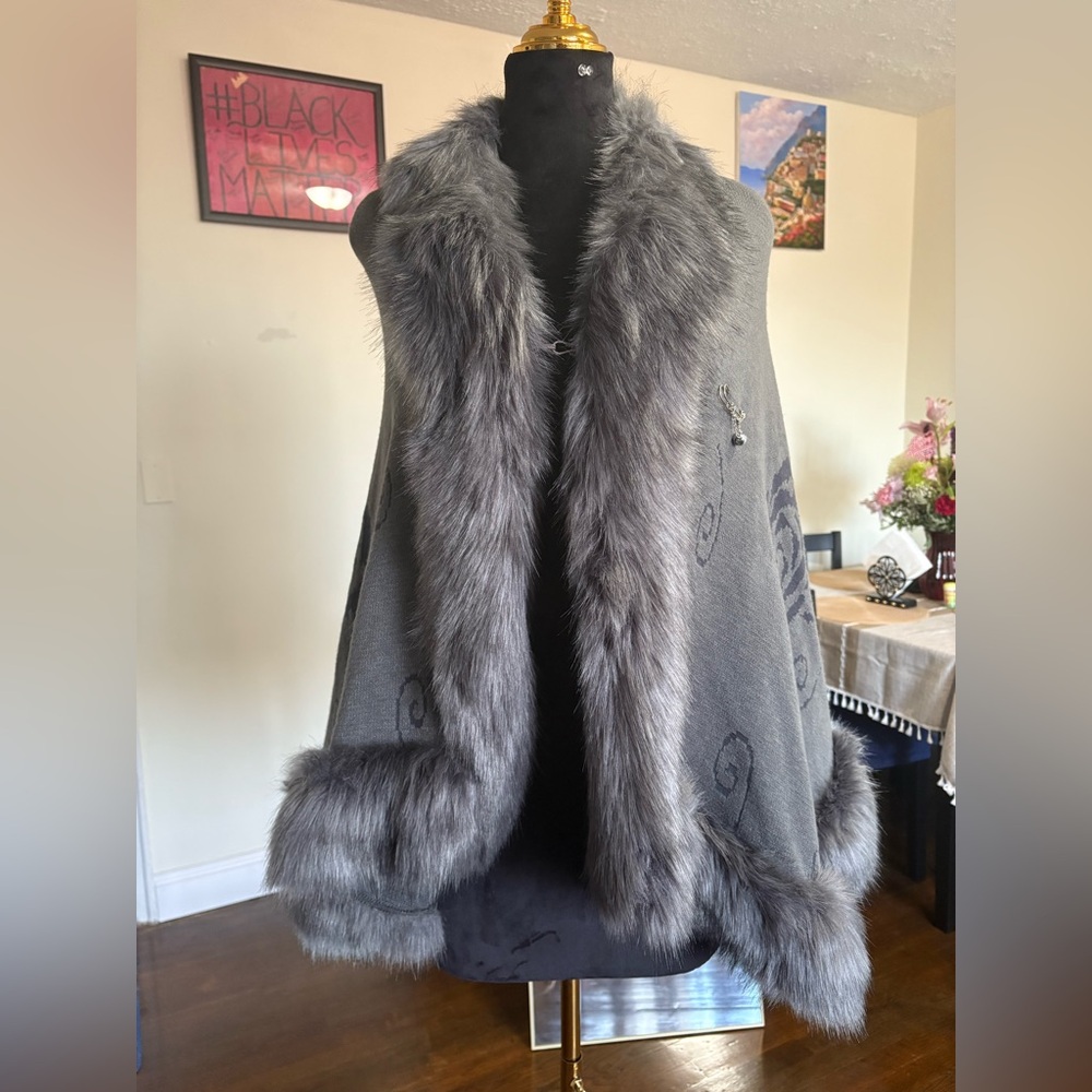 Gray Cape with Faux Fur Trim